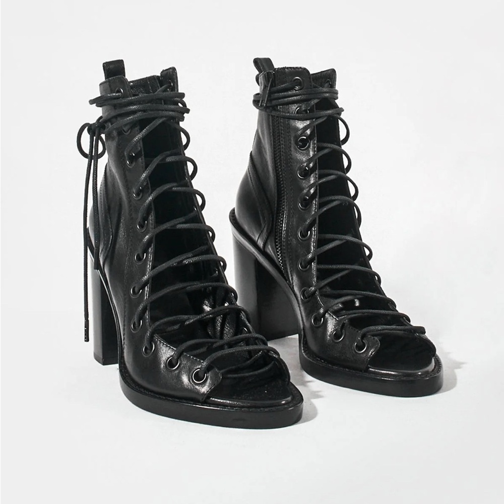 Ann Demeulemeester Black Lace-Up Leather Open-Toe Heel Sandals